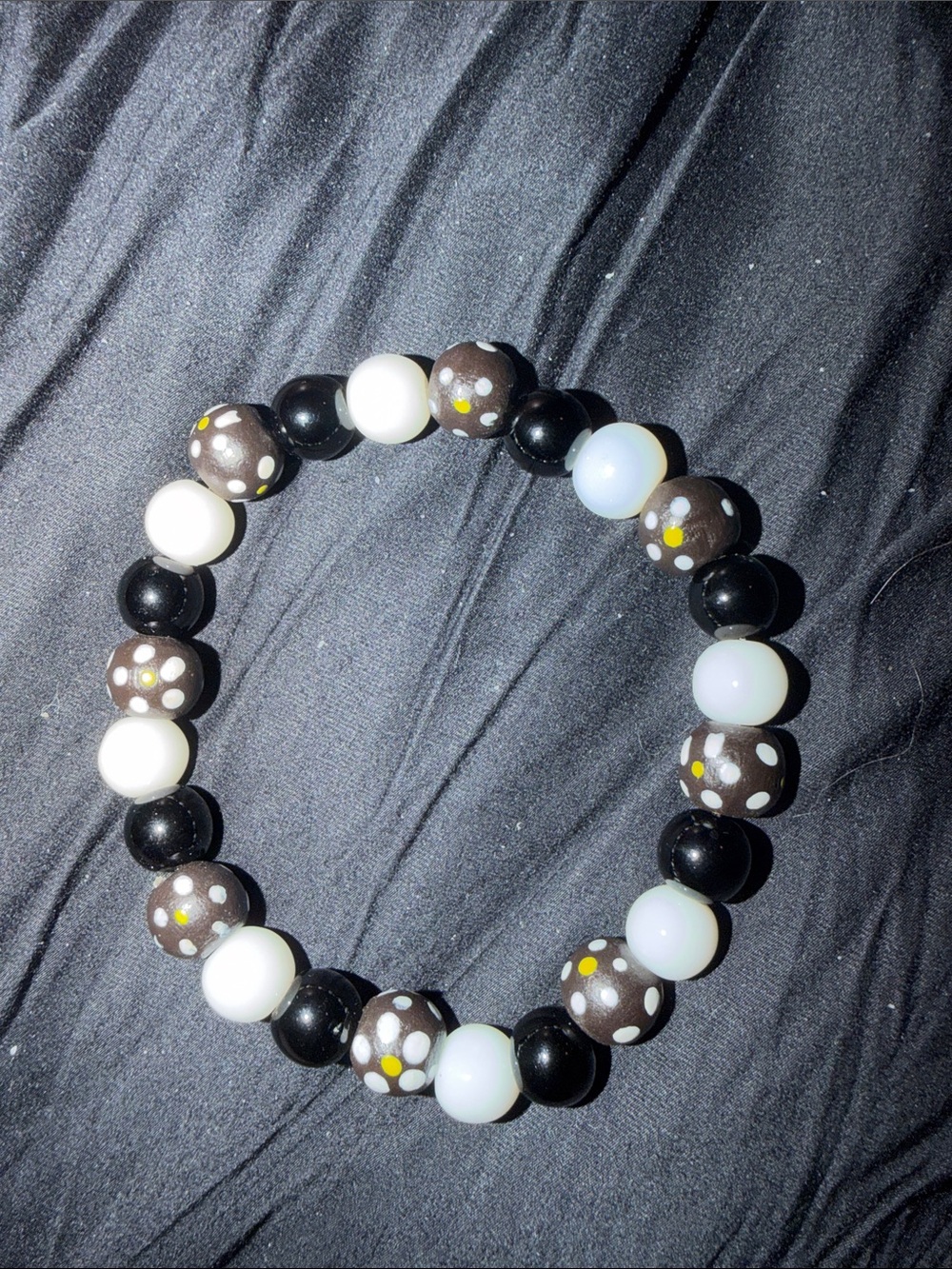 Handmade Black, White & Brown Polka Dot Beaded Stretch Bracelet
